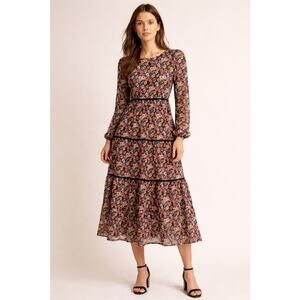 Zara Xs Midi Dress Black Floral Velvet Trimming Long Sleeve Smocked Wrists...